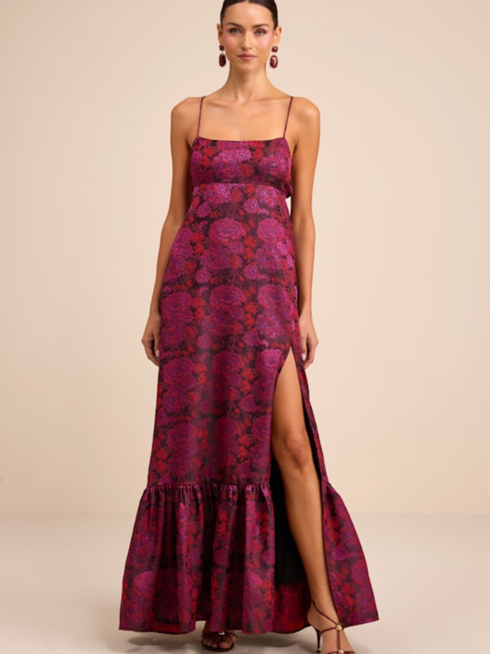 Lulus Jasiel Burgundy Jacquard Lace-up Tiered Maxi Dress - Size S